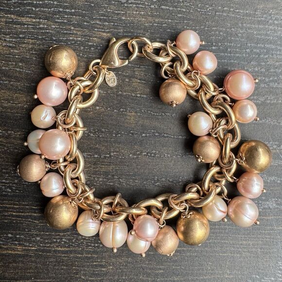 Vintage Honora Bronze Pink Freshwater Cultured Pearl Charm Bracelet 7.5” Italy - Picture 10 of 15